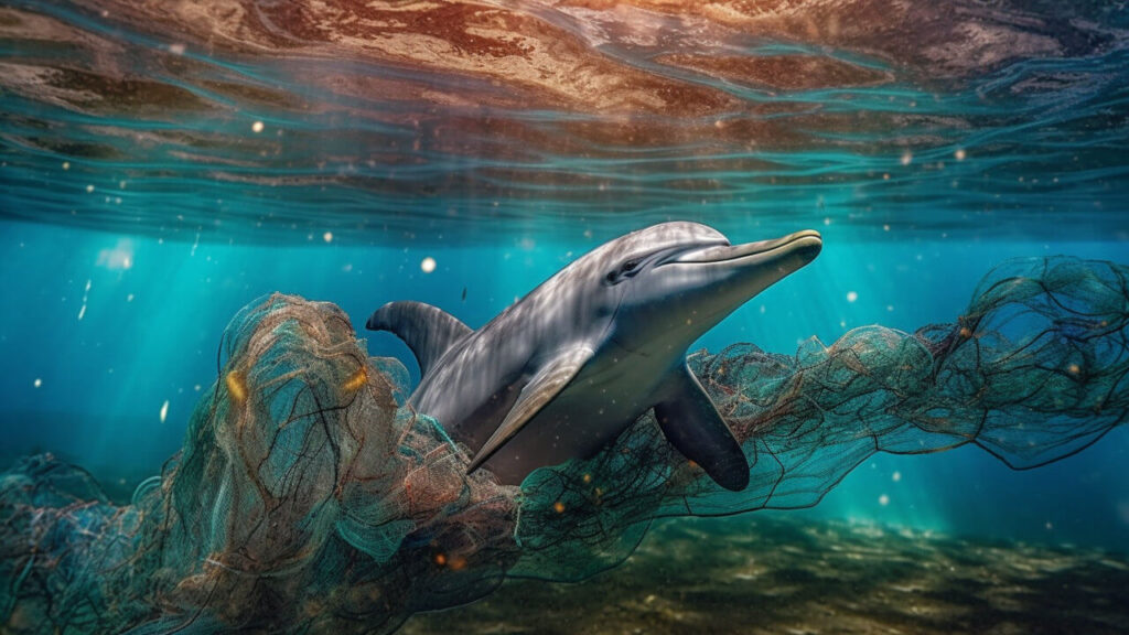 Delphin im Fischernetz gefangen