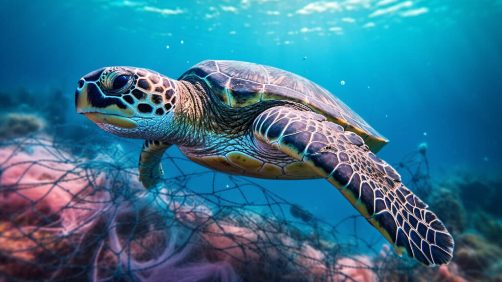 Seeschildkröte im Fischernetz